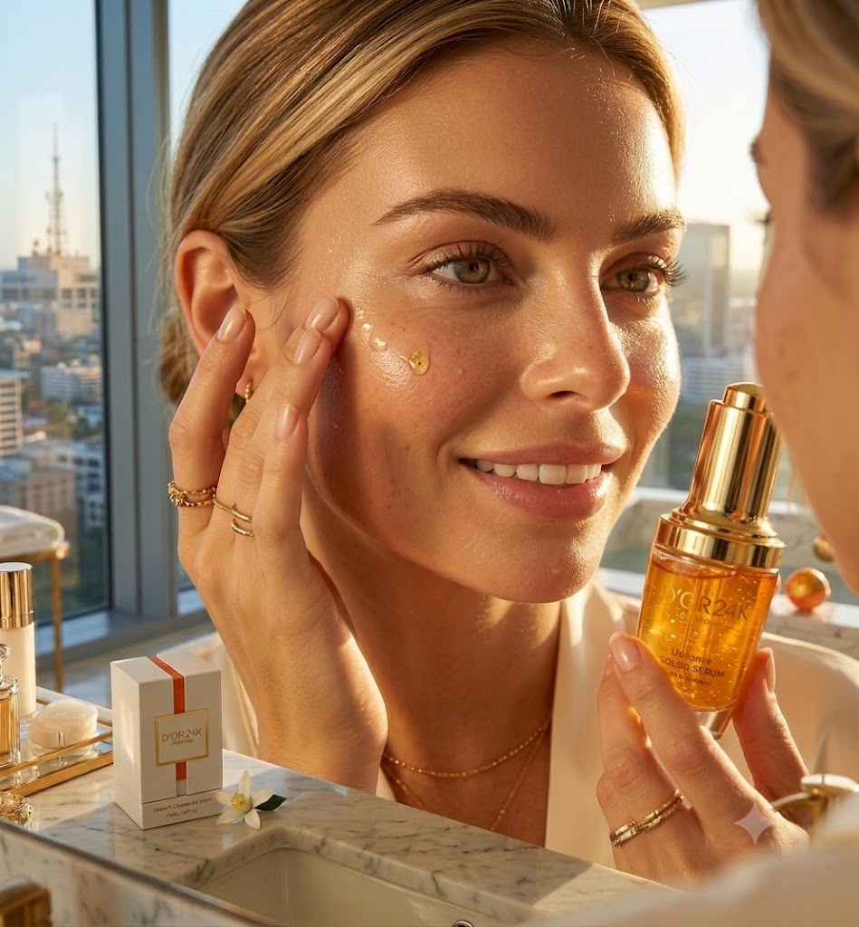 Woman applying DOR24K Vitamin C Concentrated Serum as part of a luxury skincare routine for brighter, smoother and more radiant skin.