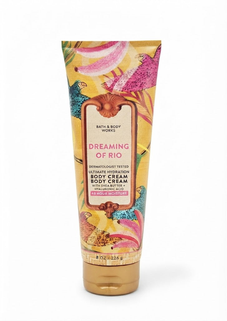 DREAMING OF RIO Bath & Body Works Ultimate Hydration Body Cream, 8 oz tropical body cream tube with shea butter and hyaluronic acid