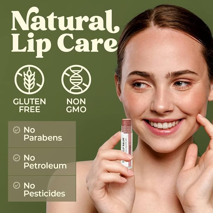 Woman holding EARTH'S DAUGHTER tinted lip balm with natural lip care product highlights