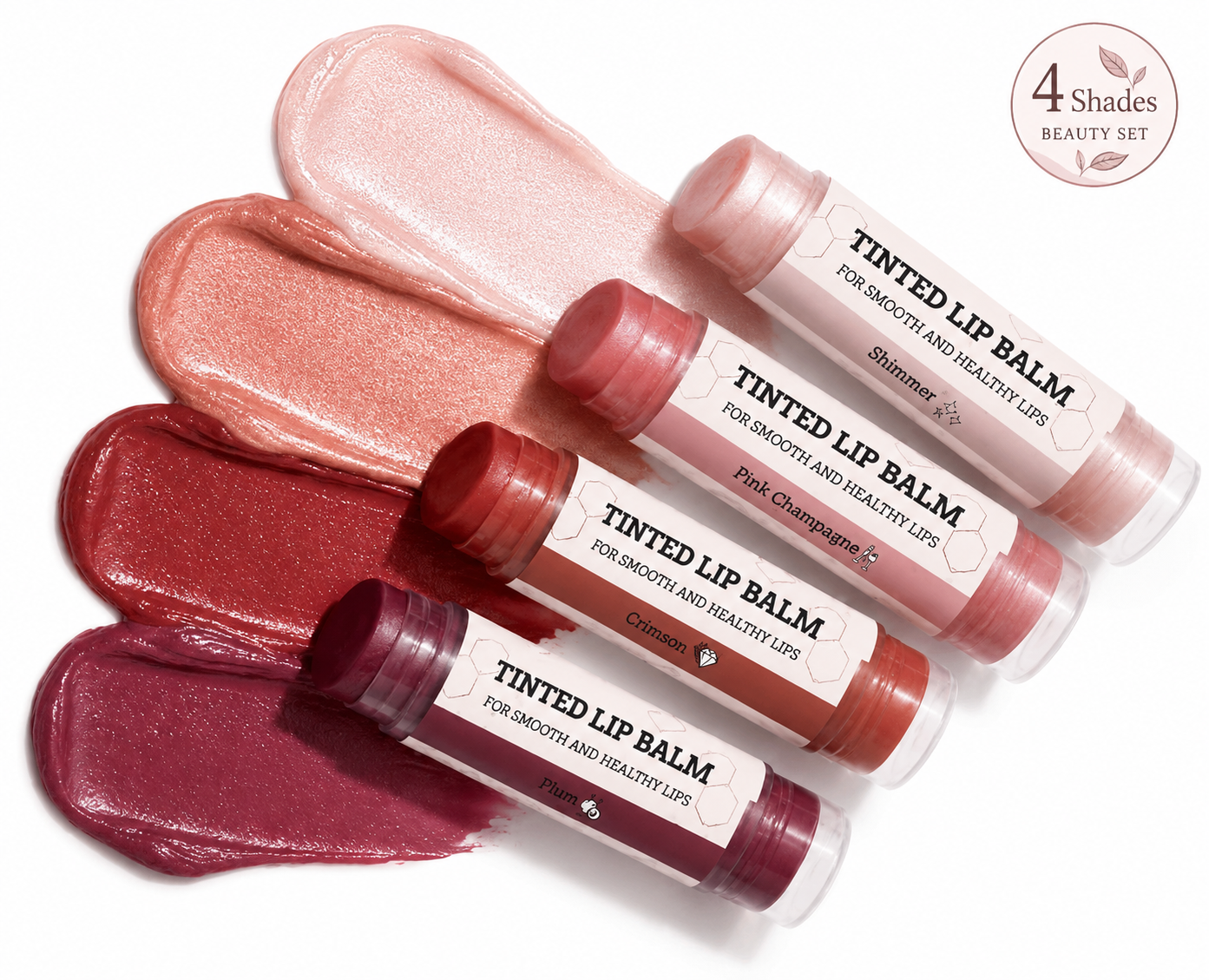 EARTH'S DAUGHTER tinted lip balm set with four assorted shades and matching color swatches