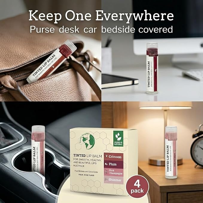 EARTH'S DAUGHTER tinted lip balm shown for everyday use at home, work, travel and on the go