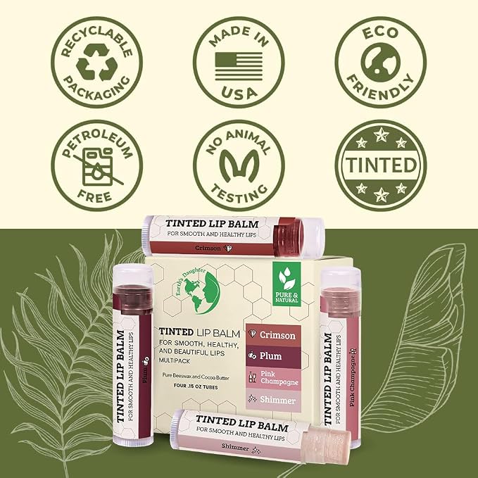 EARTH'S DAUGHTER tinted lip balm formula highlights and product quality icons