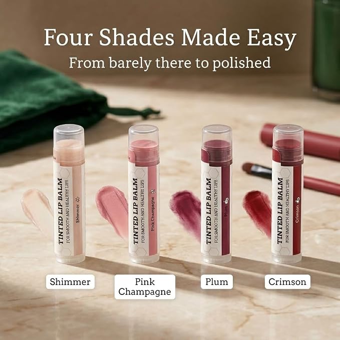 EARTH'S DAUGHTER tinted lip balm shade guide featuring shimmer, pink champagne, crimson and plum