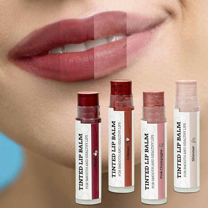 Woman applying EARTH'S DAUGHTER tinted lip balm beside four assorted lip balm shades