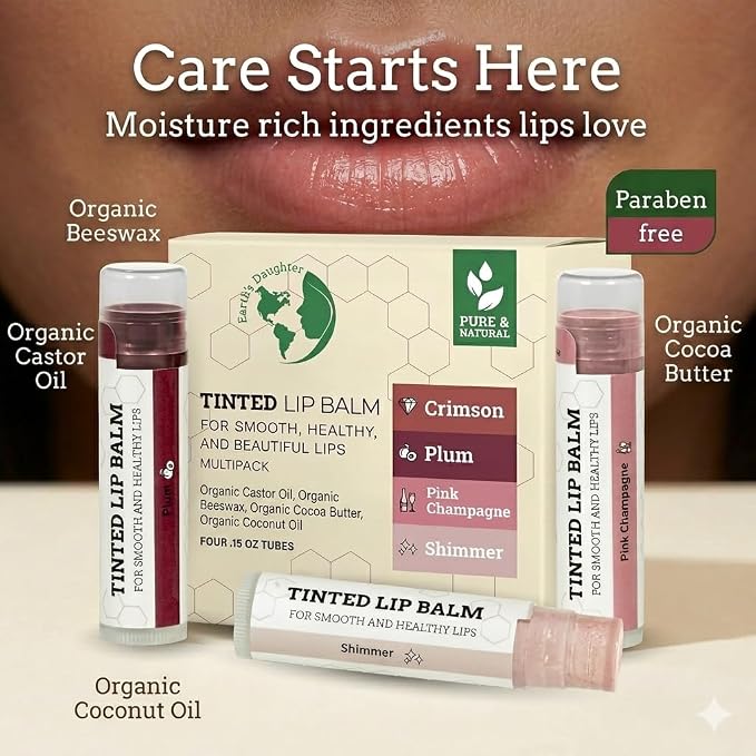 EARTH'S DAUGHTER tinted lip balm with moisturizing ingredients including coconut oil, cocoa butter and vitamin E