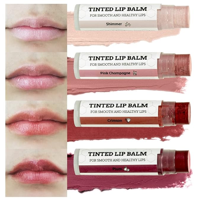 Four EARTH'S DAUGHTER tinted lip balm shades shown on lips from shimmer pink to plum