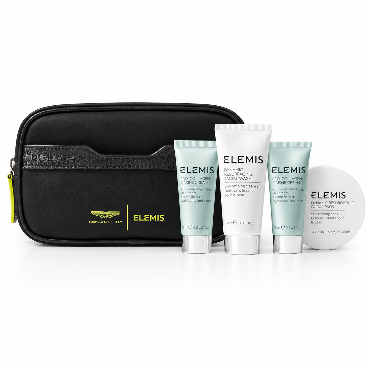 ELEMIS x Aston Martin Formula One skincare travel set with black toiletry bag, facial wash, marine cream, night cream, and resurfacing pads.
