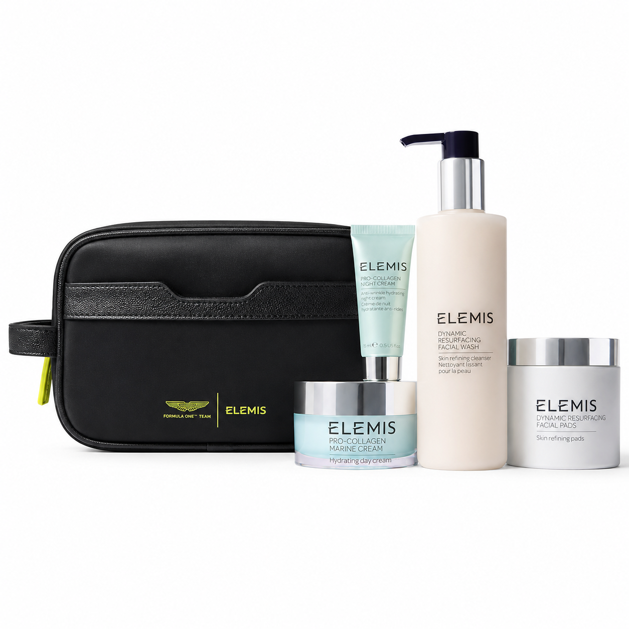 ELEMIS Formula One Team skincare gift set with black toiletry bag, facial wash, marine cream, night cream, and resurfacing pads.