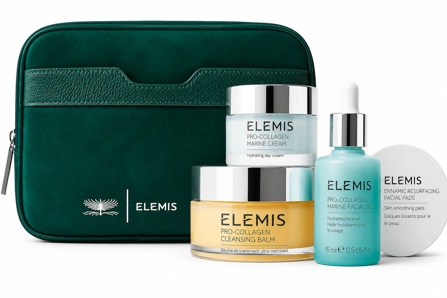 ELEMIS Pro-Collagen skincare gift set with green cosmetic bag, marine cream, cleansing balm, facial oil, and resurfacing pads.