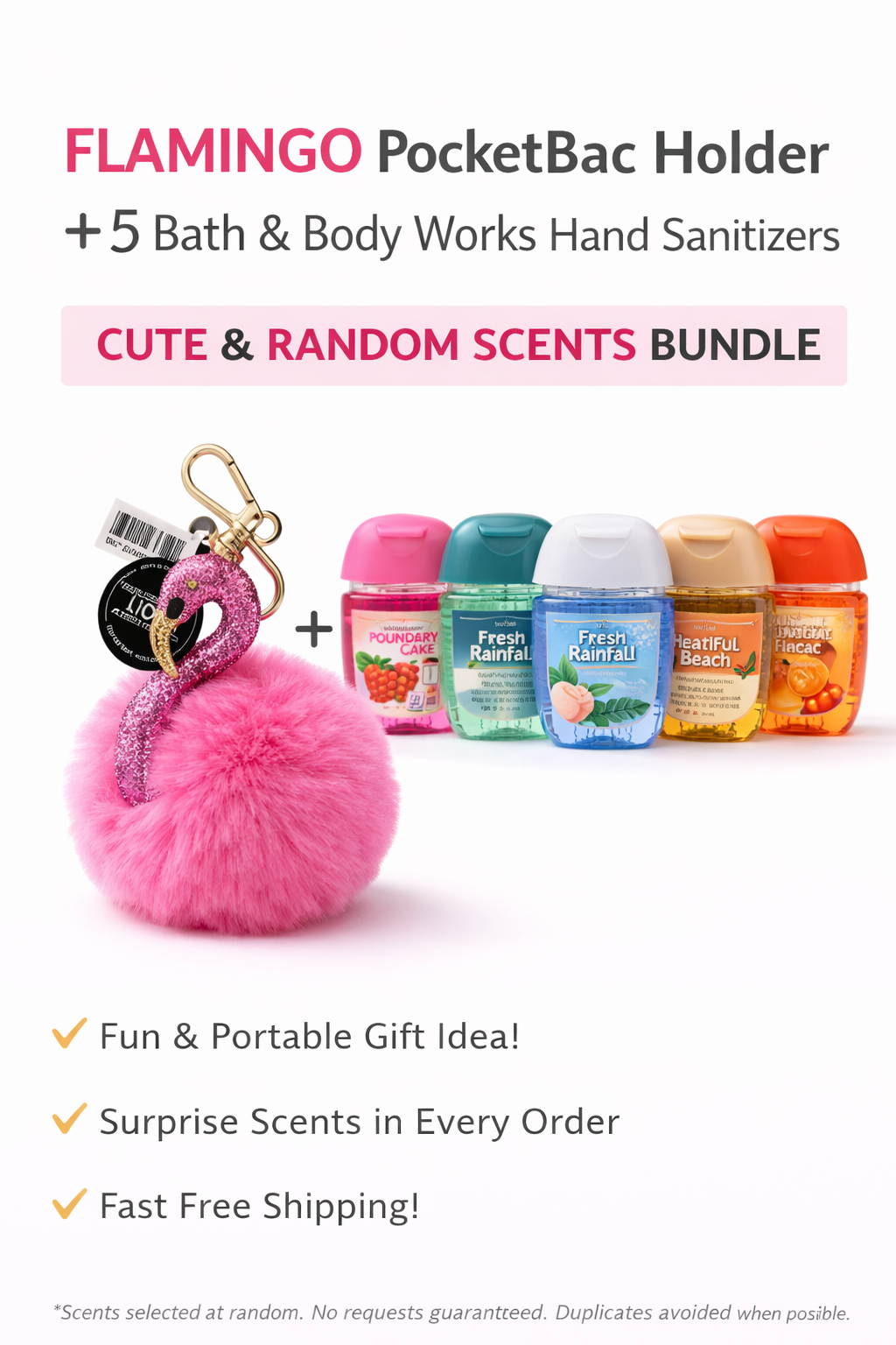 Flamingo PocketBac Holder with Bath & Body Works hand sanitizers on a white background