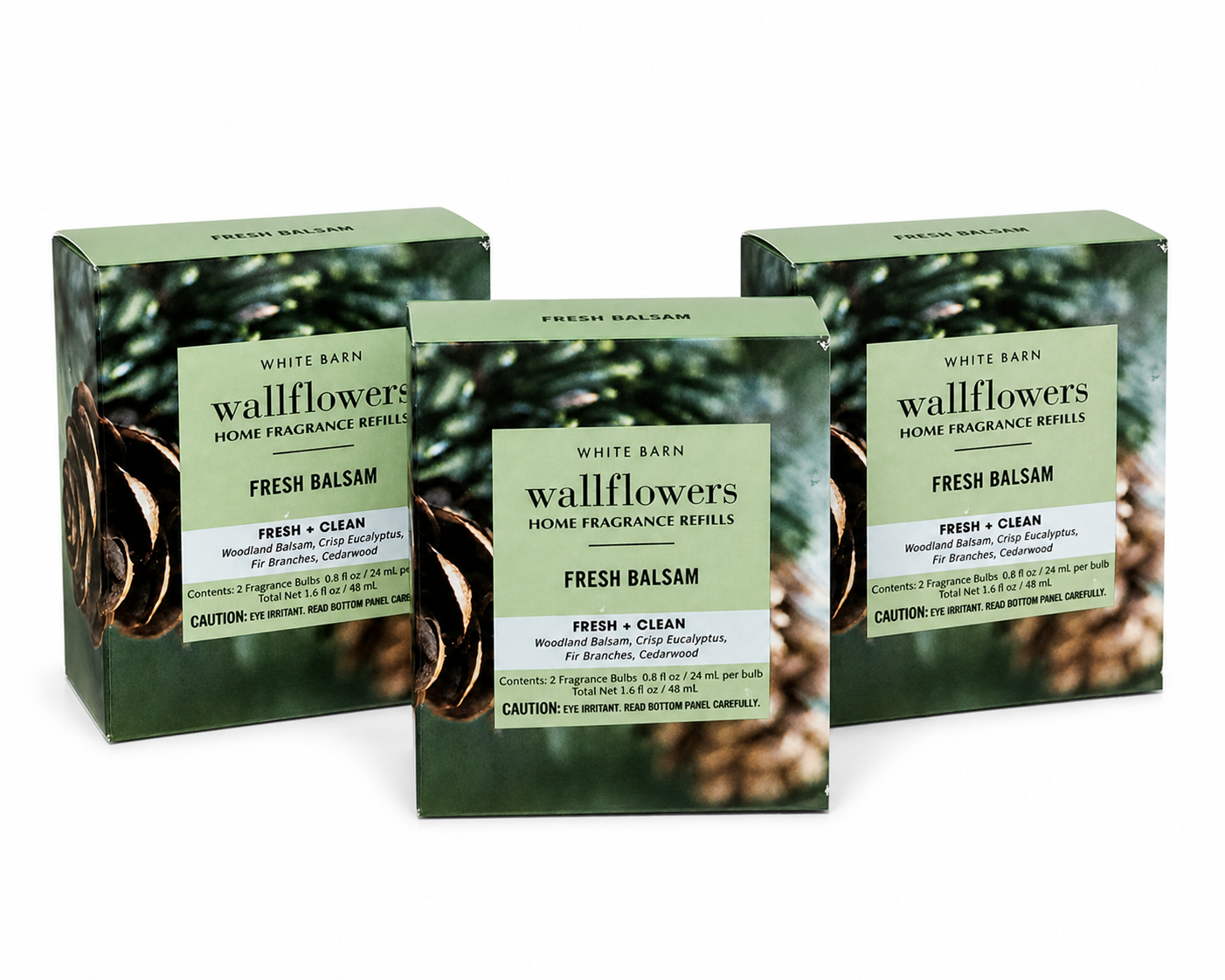 FRESH BALSAM Bath and Body Works Wallflowers Refills 3-Pack with fresh pine eucalyptus and cedarwood home fragrance on white background