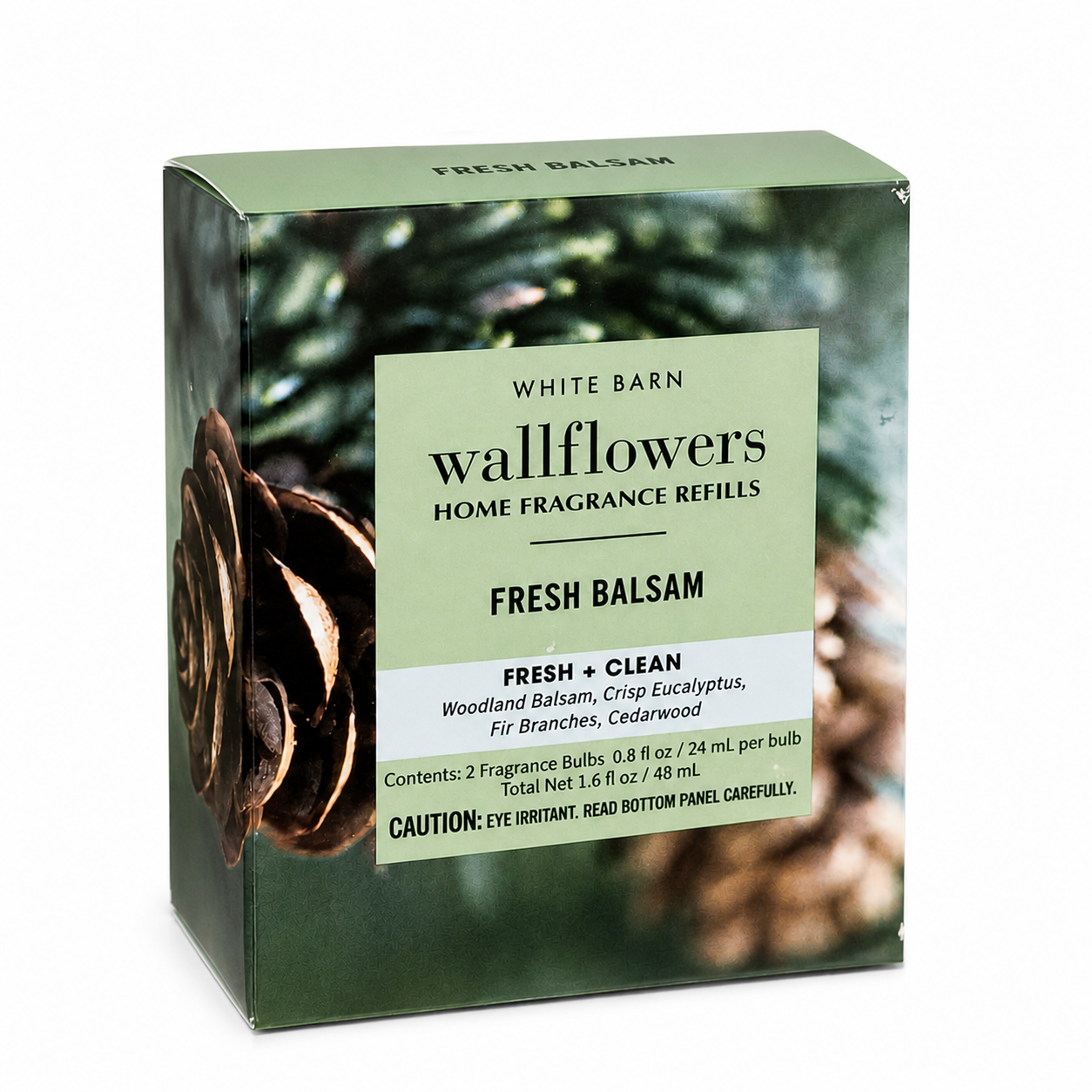 FRESH BALSAM Bath and Body Works Wallflowers fragrance refill single pack with fresh pine eucalyptus and cedarwood scent on white background