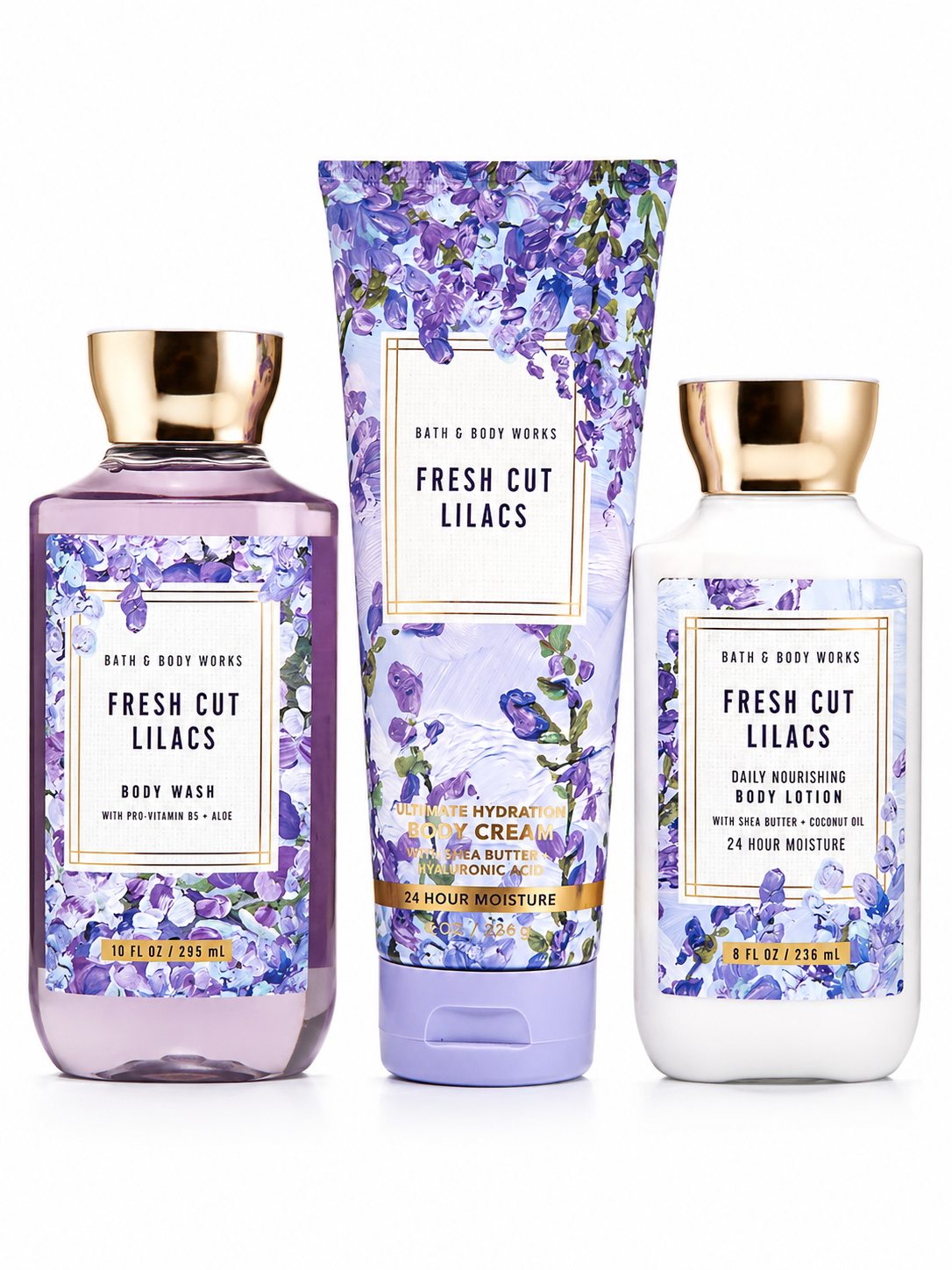 FRESH CUT LILACS Bath & Body Works 3-step bundle with body wash, body cream and body lotion on white background