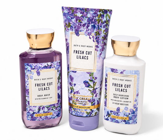 FRESH CUT LILACS Bath & Body Works 3-step bundle with body wash, body cream and body lotion on white background