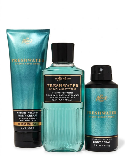 FRESHWATER Bath & Body Works Men’s 3-Step Set Body Cream 8 oz Body Wash 10 oz Body Spray 3.7 oz bundle white background