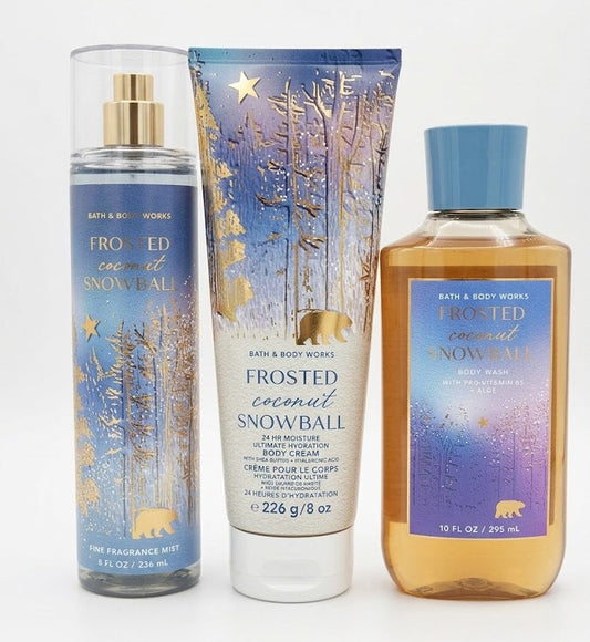 FROSTED COCONUT SNOWBALL Bath & Body Works 3-step bundle with body cream fragrance mist and body wash