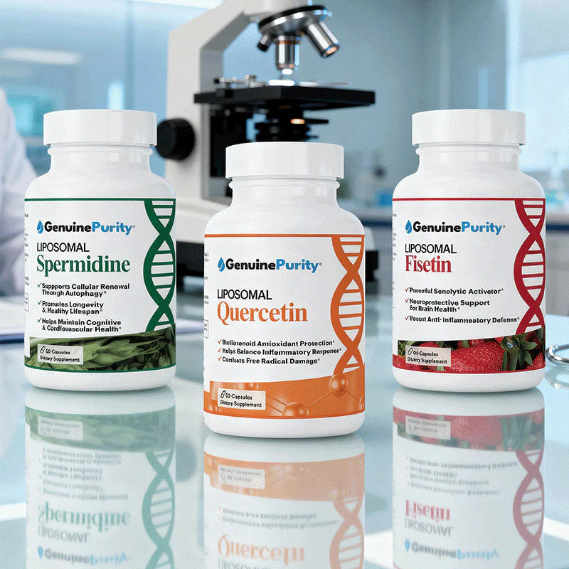 GenuinePurity Cellular Reset Bundle featuring liposomal Spermidine Quercetin and Fisetin supplements for wellness healthy aging and longevity support