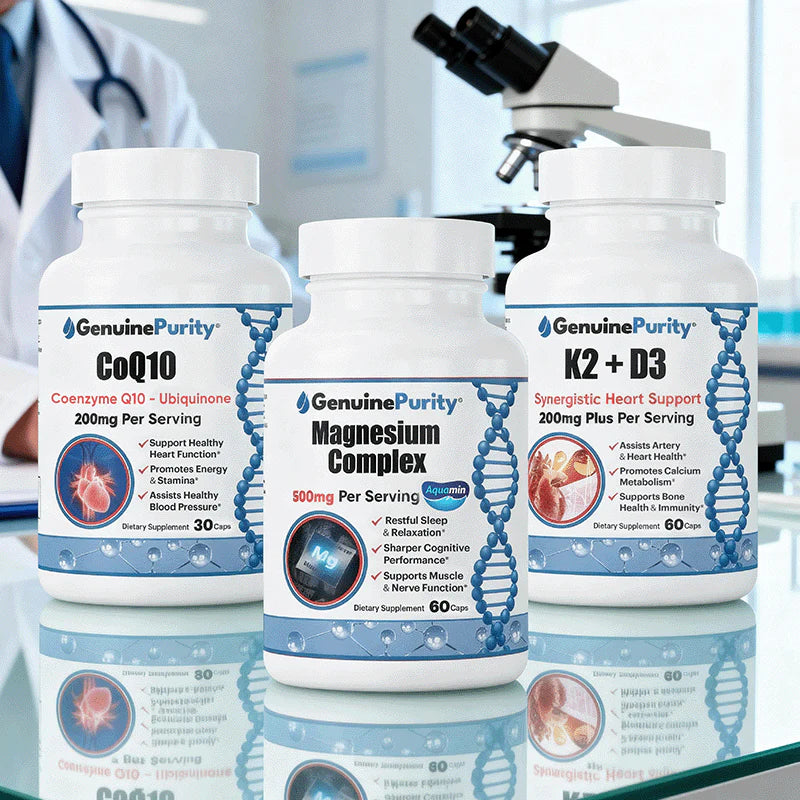 GenuinePurity Heart and Artery Guard Bundle featuring liposomal CoQ10 Magnesium Complex and K2 D3 supplements for wellness healthy aging and daily vitality support