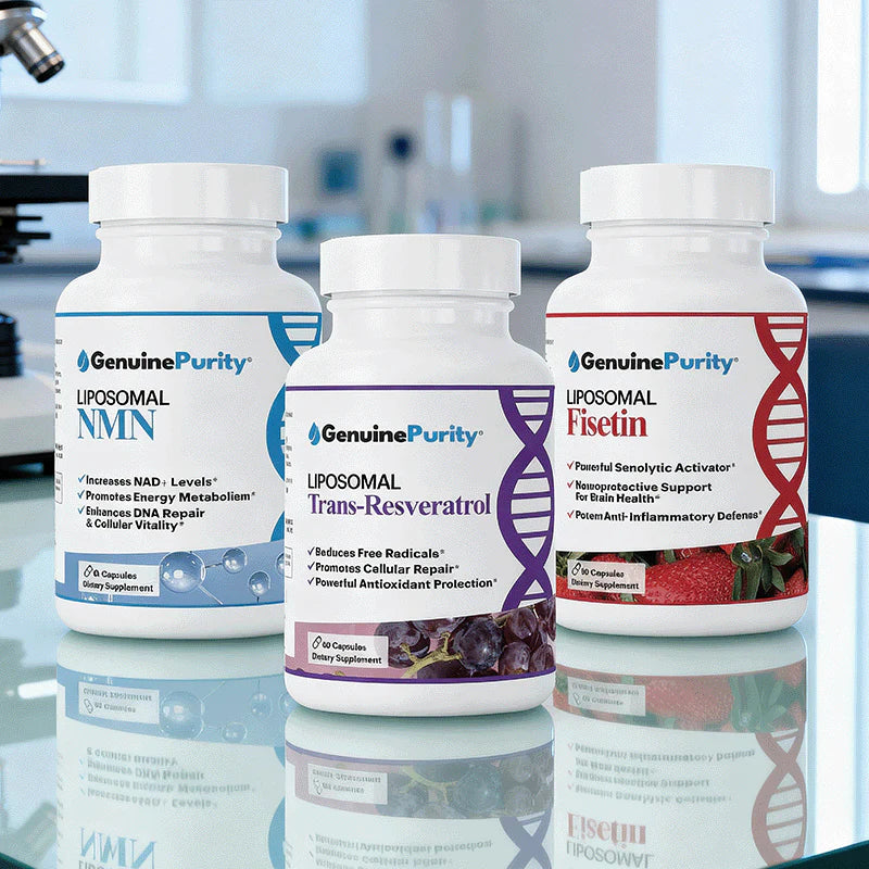 GenuinePurity Longevity Activation Bundle featuring liposomal NMN Trans Resveratrol and Fisetin supplements for healthy aging wellness and vitality support