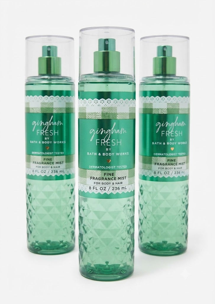 GINGHAM FRESH Bath & Body Works Fine Fragrance Mist 3-Pack, 8 oz each, fresh green body and hair spray bottles