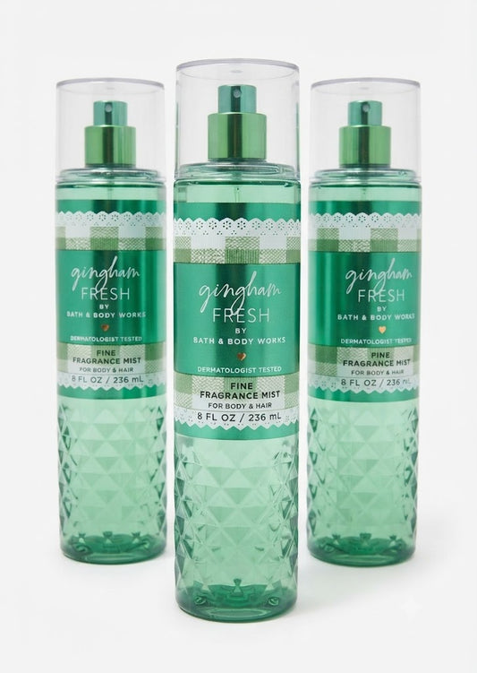 GINGHAM FRESH Bath & Body Works Fine Fragrance Mist 3-Pack, 8 oz each, fresh green body and hair spray bottles