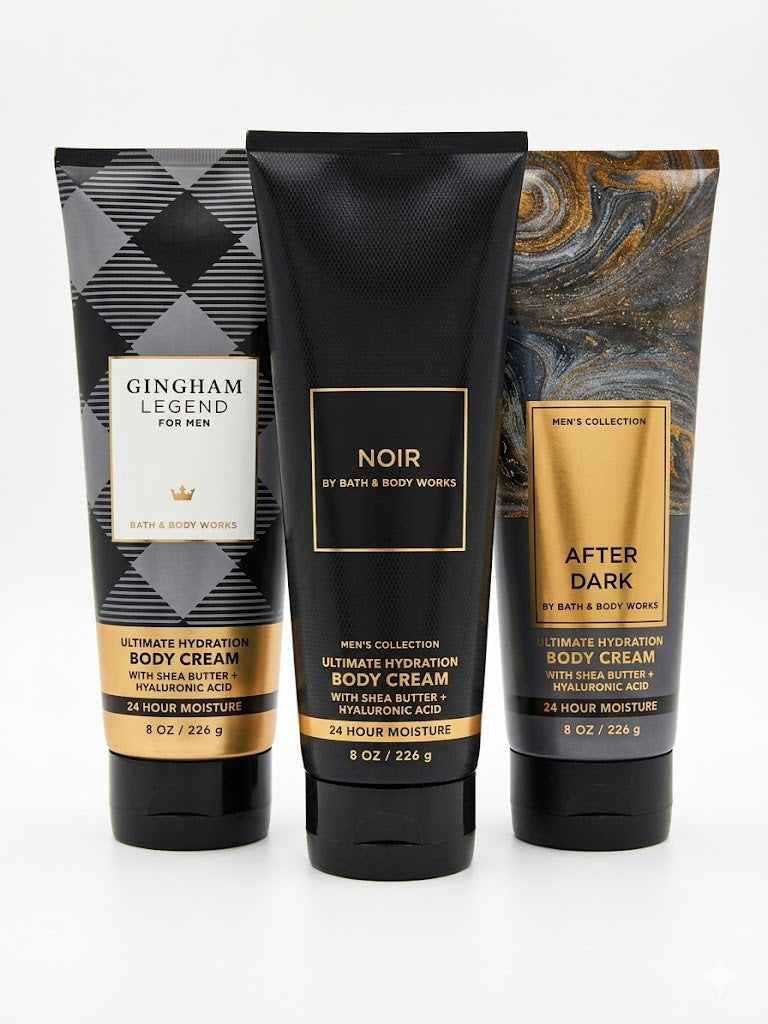 Gingham Legend Noir After Dark Bath & Body Works Men’s Body Cream 3 Pack 8 oz each rare discontinued scent bundle ultra hydrating shea butter hyaluronic acid