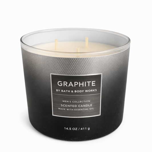 GRAPHITE Bath & Body Works Men’s Collection 3-Wick Candle 14.5 oz strong masculine scent fresh wood aroma black gradient jar white background My Wrinkles Gone