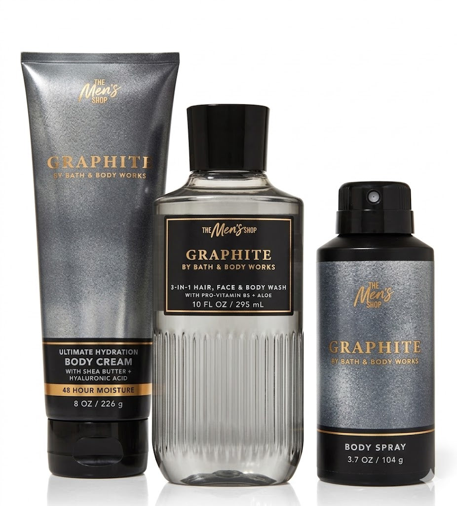 GRAPHITE Bath & Body Works Men’s 3-Step Set Body Cream 8 oz Body Wash 10 oz Body Spray 3.7 oz bundle white background