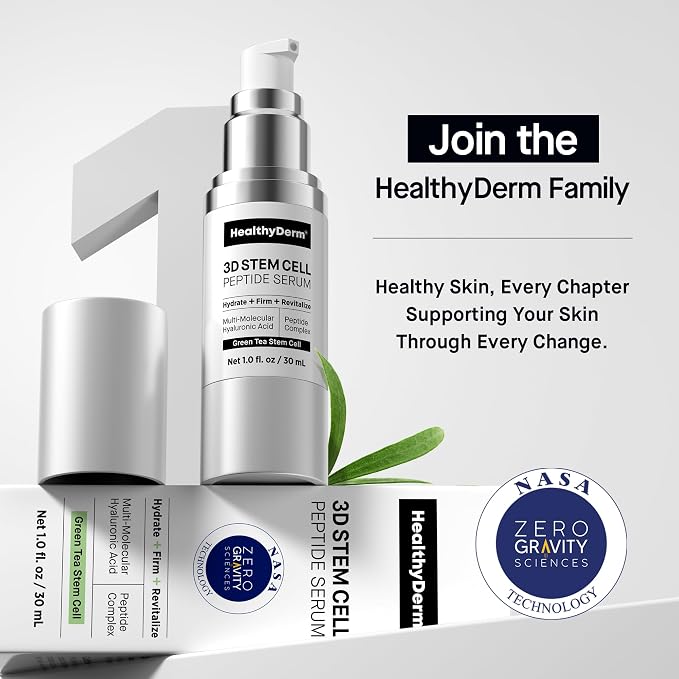 HEALTHYDERM 3D Stem Cell Peptide Serum bottle and packaging with HealthyDerm Family skincare message