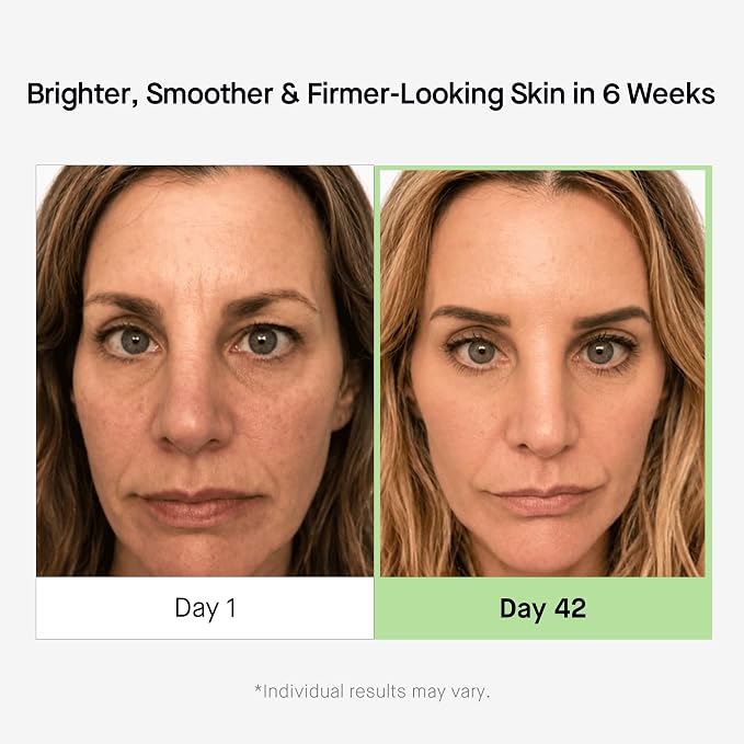 Brand-provided Day 1 and Day 42 comparison for HEALTHYDERM Peptide Serum with individual results disclaimer