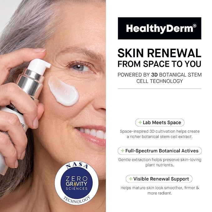 Woman applying HEALTHYDERM peptide serum as part of a nighttime skincare routine