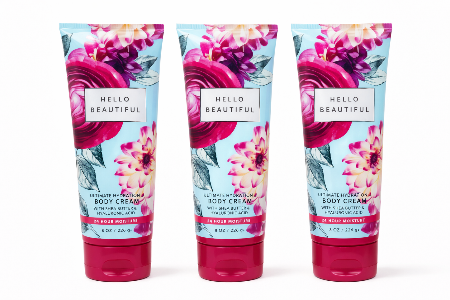 Hello Beautiful Ultimate Hydration Body Cream 3-Pack by Bath and Body Works with shea butter, hyaluronic acid and long-lasting floral fragrance in 8 oz tubes.