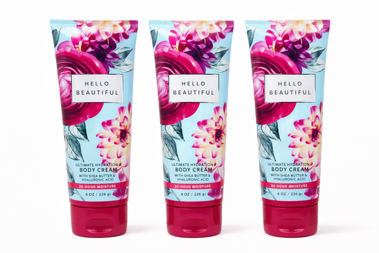 Hello Beautiful Ultimate Hydration Body Cream 3-Pack by Bath and Body Works with shea butter, hyaluronic acid and long-lasting floral fragrance in 8 oz tubes.