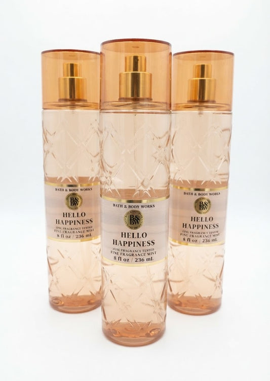HELLO HAPPINESS Bath & Body Works Fine Fragrance Mist 3-Pack, 8 oz each, warm cheerful body spray bottles