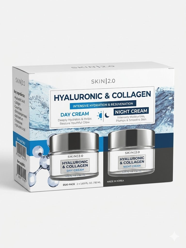 Skin 2.0 Hyaluronic and Collagen Day and Night Cream Set 50ml each hydrating anti aging skincare duo front view