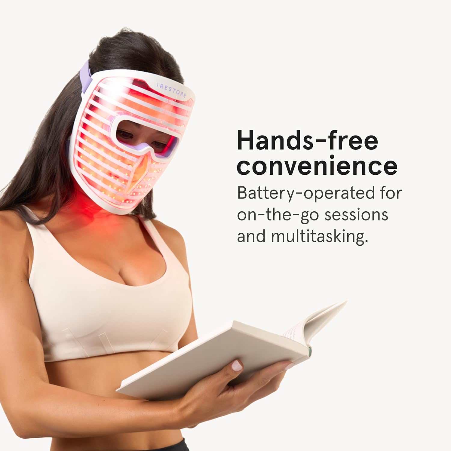 woman using iRestore LED Face Mask red light therapy device for anti aging skincare wrinkle treatment My Wrinkles Gone