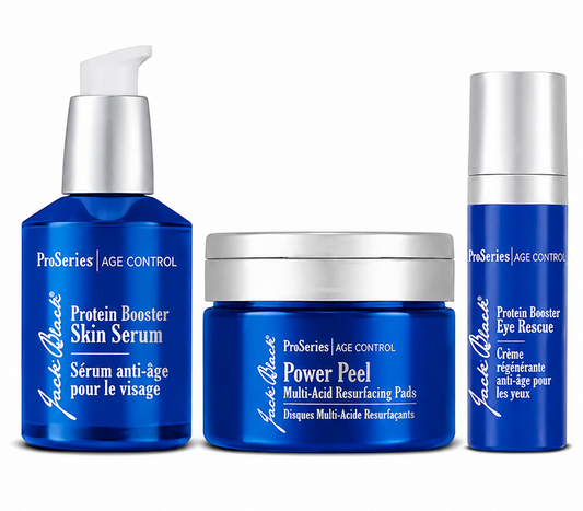 Jack Black ProSeries Age Control luxury men’s anti-aging skincare bundle featuring Protein Booster Skin Serum, Power Peel resurfacing pads, and Eye Rescue treatment.