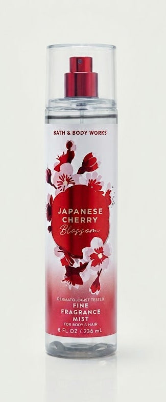 Bath & Body Works JAPANESE CHERRY BLOSSOM Fine Fragrance Mist 8 oz single bottle featuring Japanese cherry blossom petals, Asian pear and fresh mimosa petals on a pure white background
