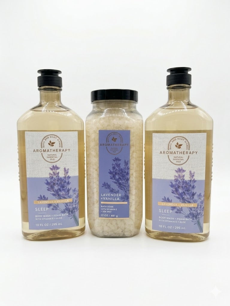 Bath & Body Works lavender vanilla aromatherapy sleep set with body wash and bath soak relaxing night routine bundle