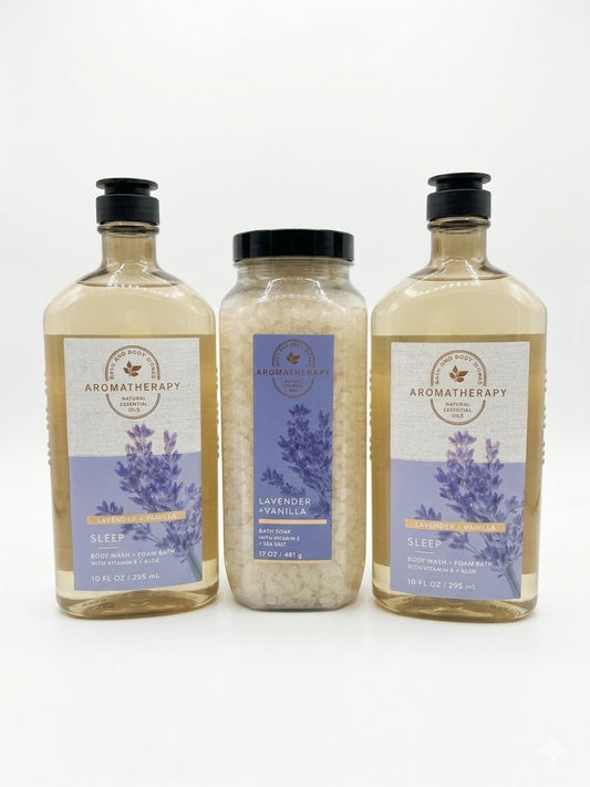 Bath & Body Works lavender vanilla aromatherapy sleep set with body wash and bath soak relaxing night routine bundle