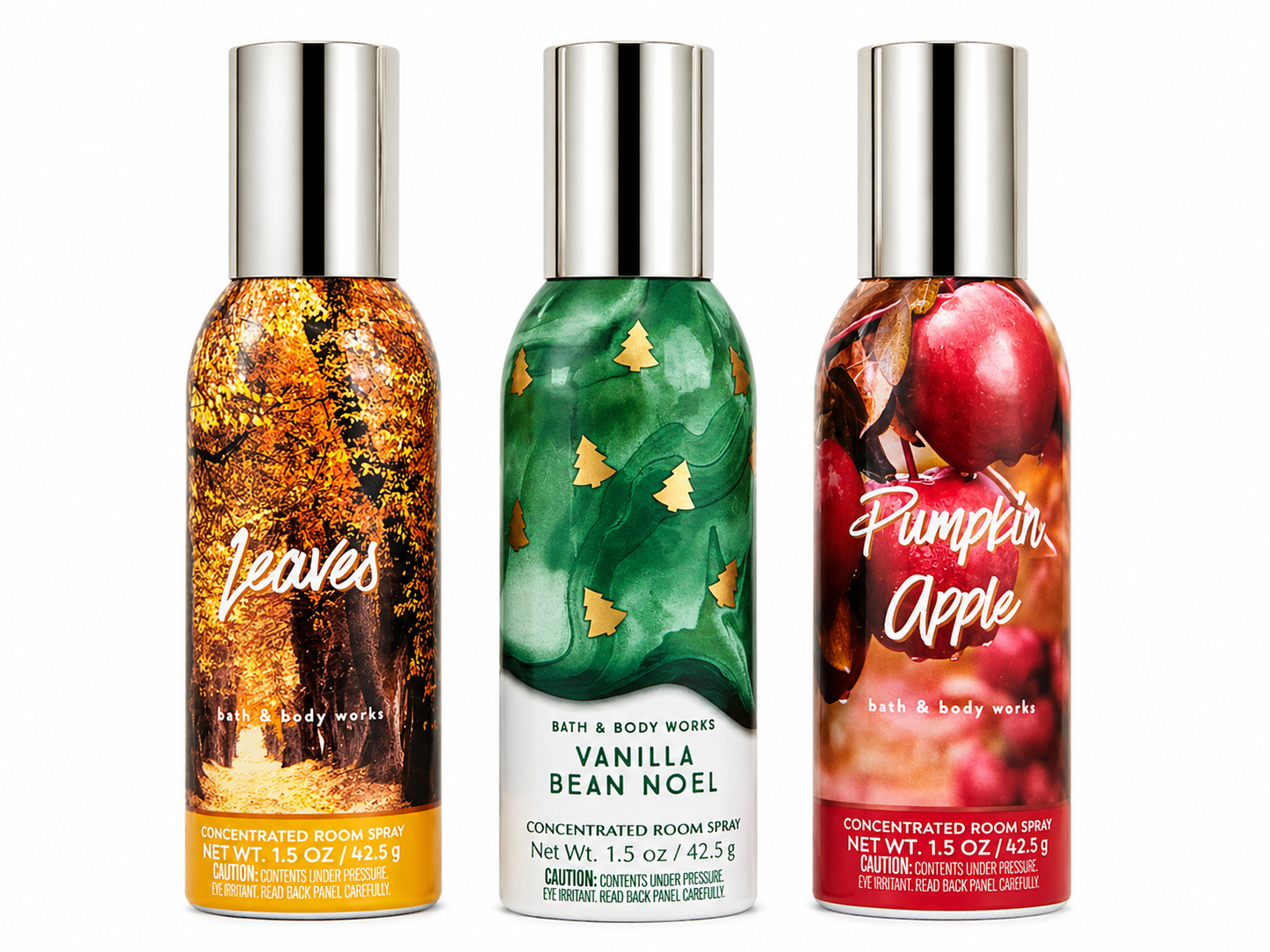 Bath & Body Works room spray 3 pack LEAVES PUMPKIN APPLE VANILLA BEAN NOEL 1.5 oz each warm cozy home fragrance air freshener bundle
