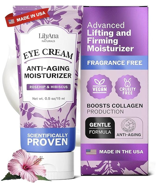 LILYANA NATURALS fragrance-free eye cream with rosehip and hibiscus for dark circles, puffiness, dryness, and fine lines.