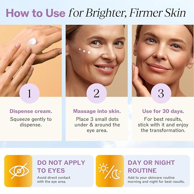 LILYANA NATURALS eye cream displayed for use in both daytime and nighttime facial skincare routines.