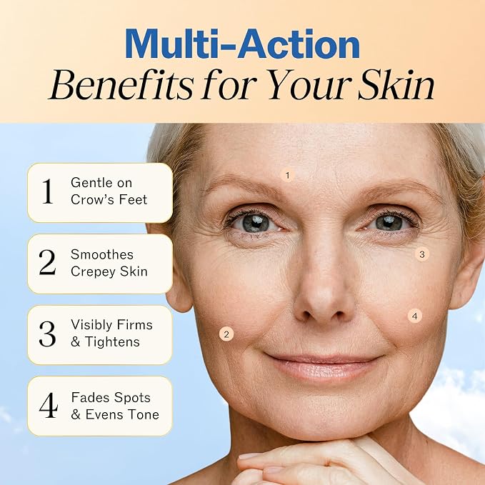 Advertisement for LILYANA NATURALS retinol cream label with hyaluronic acid with a woman's face showing benefits on a blue and beige background.