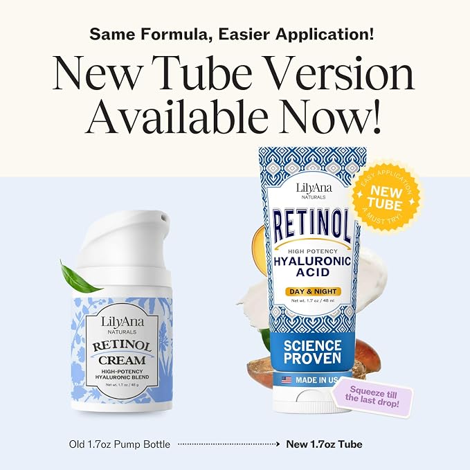 Close-up of the LILYANA NATURALS retinol cream label with hyaluronic acid and day and night use.