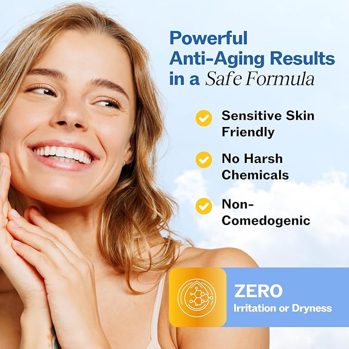 Woman with a happy expression, showcasing skincare benefits on a blue background using LILYANA NATURALS retinol cream label with hyaluronic acid