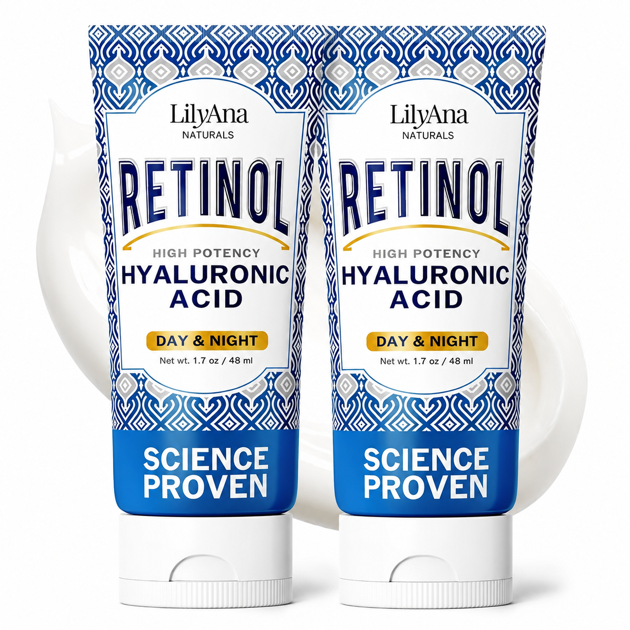 Front view of two LILYANA NATURALS retinol creams with hyaluronic acid for day and night skincare