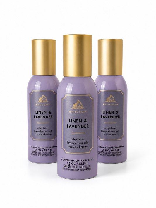 White Barn LINEN & LAVENDER Concentrated Room Spray 3-Pack bundle 1.5 oz each featuring crisp linen lavender sea salt and fresh air breeze home fragrance collection