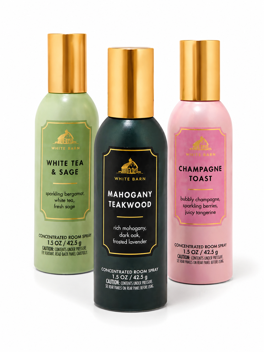Bath & Body Works room spray 3 pack MAHOGANY TEAKWOOD WHITE TEA & SAGE CHAMPAGNE TOAST 1.5 oz each home fragrance air freshener bundle