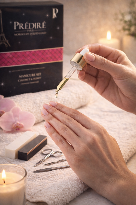 Woman enjoying a luxury at-home manicure ritual using Prédiré Paris Moroccan Liquid Gold manicure set in a cozy evening setting.
